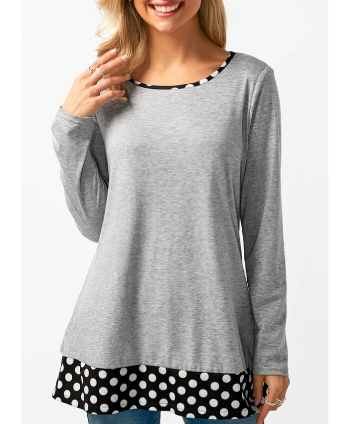 Button Back Polka Dot Print Grey T Shirt